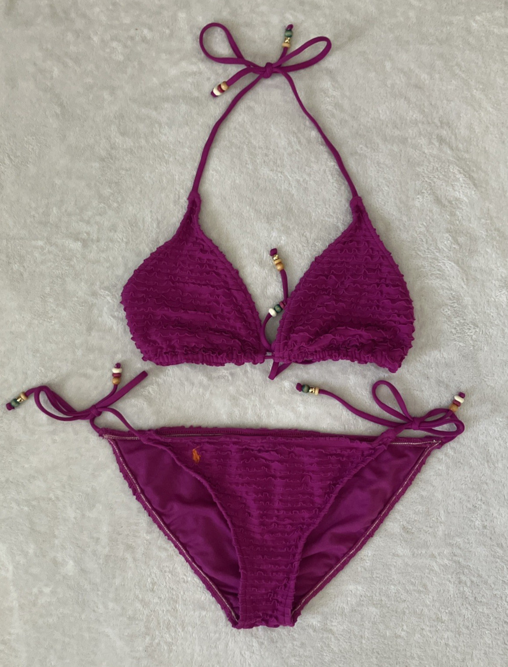 Ralph Lauren Polo Bikini Swimsuit Purple Ruffles Beads Boho Size Large Bows Ties